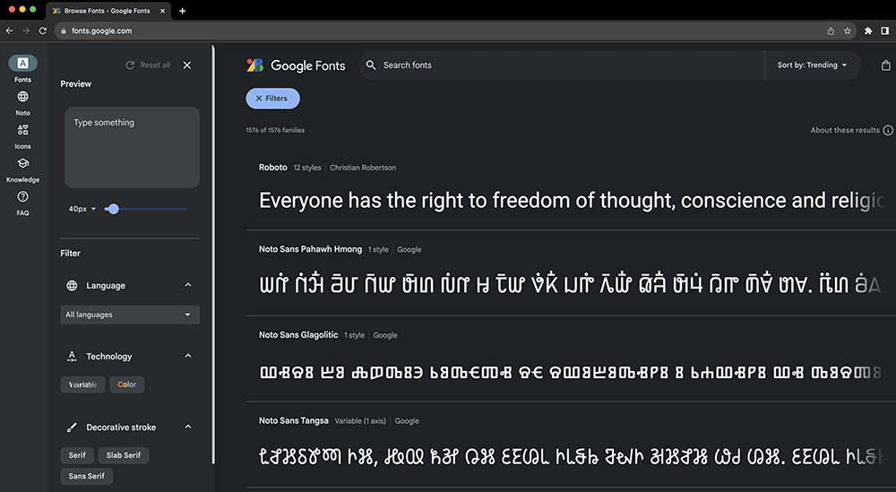 Google fonts home page screen capture