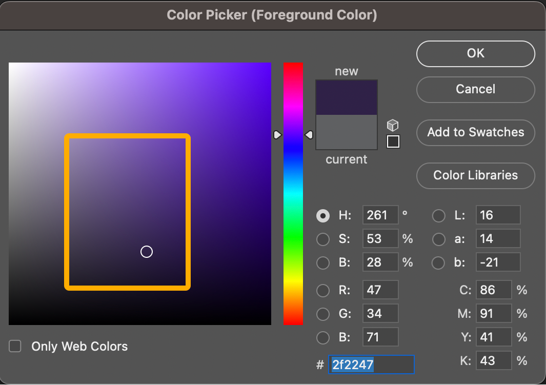 Photoshop colorfield showing range for dark and moody colors