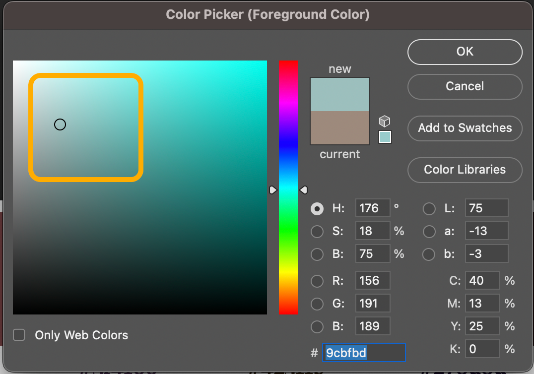 Photoshop colorfield showing range for dark and moody colors