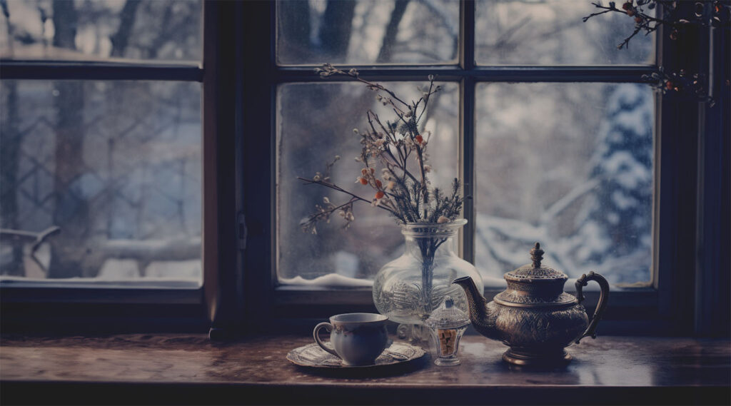 Moody photograph of vintage tea kettle and teacup in front of somber winter scene