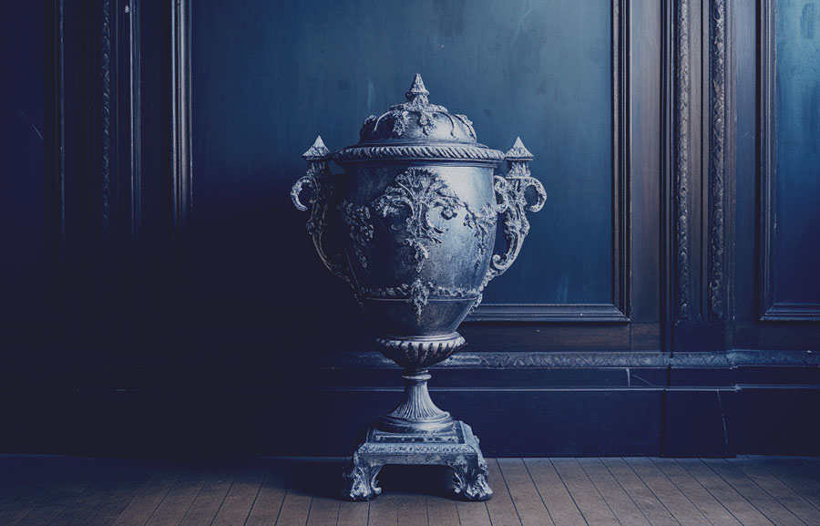 dark and moody photograph of an urn against wainscoting