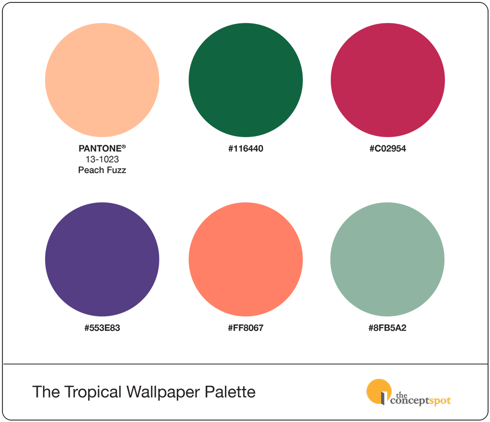 A suggested palette of what color goes with with Peach Fuzz, including hunter green, crimson, eggplant, sunset orange, and sage green, evoking tropical hotel resort imagery.