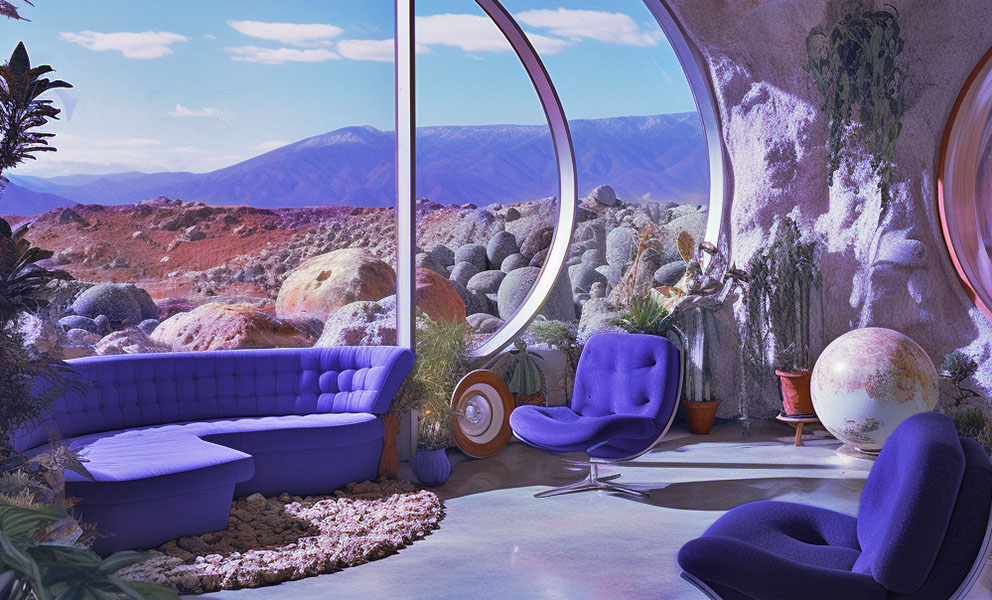 a futuristic living room with furniture upholstered in Very Peri, the Pantone 2022 color of the year.