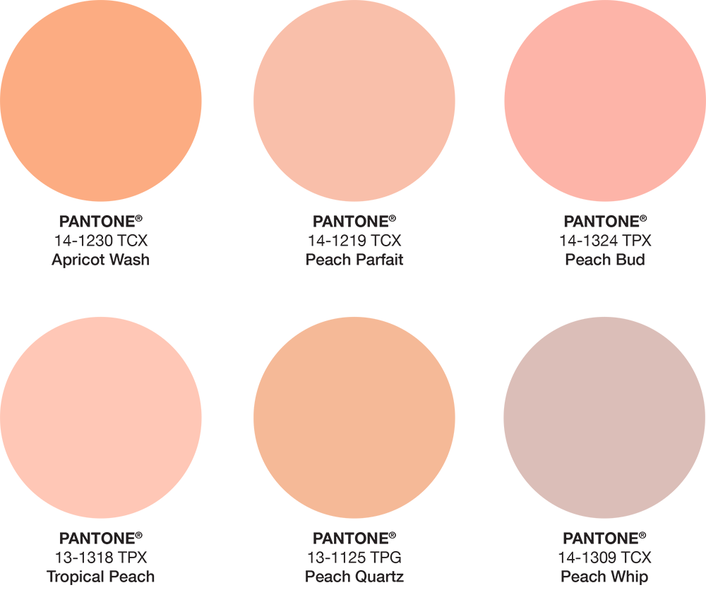 Peach palette showing  what is the Pantone code for Peach Parfait, Peach Whip, Peach Bud, Peach Quartz.