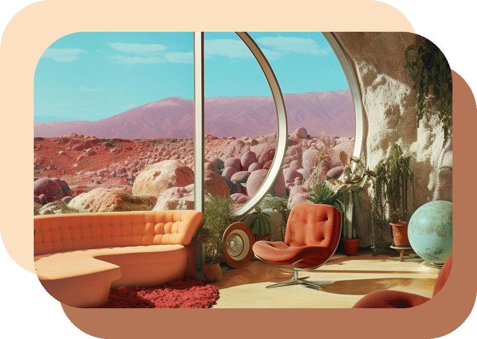 retro futuristic living room looking out onto a Martian landscape
