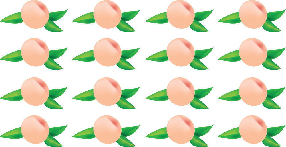 16 illustrated Peaches with green leaves in 4 columns of 4 rendered in PANTONE® Peach Fuzz