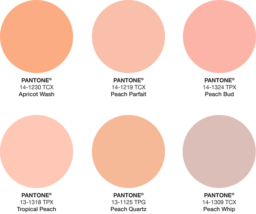 Peach palette showing what is the Pantone code for Peach Parfait, Peach Whip, Peach Bud, Peach Quartz.