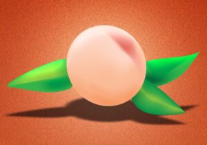 An illustrated floating peach in Pantone's 2024 Color of the Year: Peach Fuzz