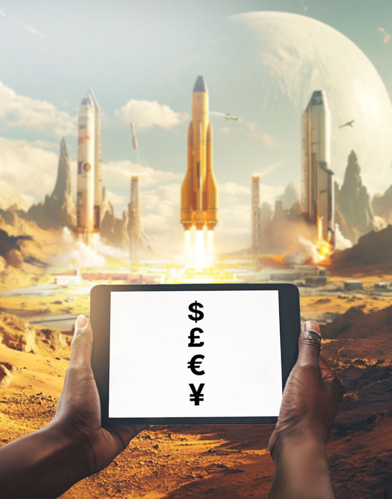 the correct pitch deck design can bring you money: hands holding digital presentation in front of launching spaceship