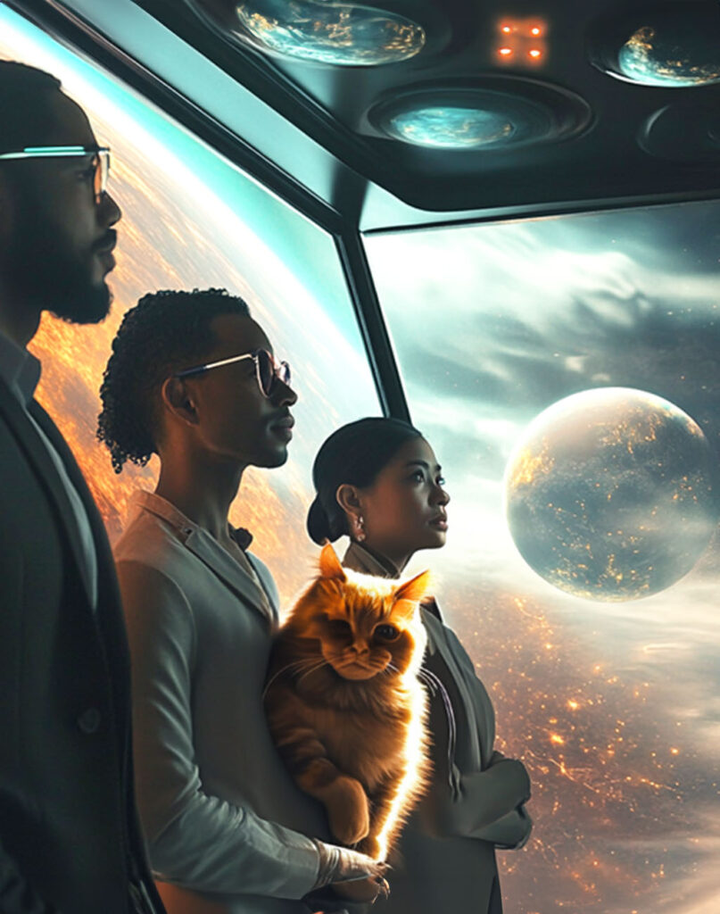 three businesspeople and a business cat ride a space elevator to the boardroom where they will present their winning pitch deck