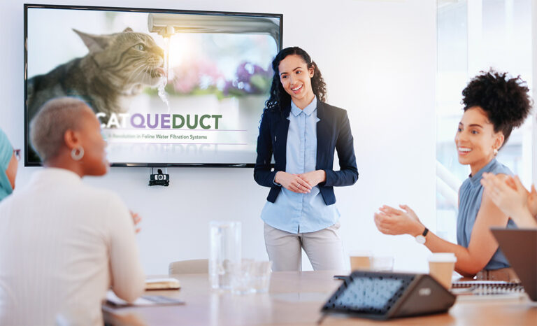 how to pitch presentation: a woman presents in front of a room full of investors